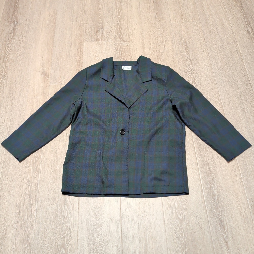 Joanna Vintage Womens L Plaid Blazer Navy Green Single Button Jacket Lined USA